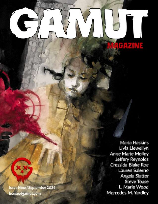 Gamut Magazine cover, a ghostly face in a dark background, hand reaching with reddish smoke expelling from the palm