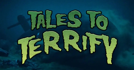 Tales to Terrify podcast logo over top of an image of a submarine deep in the murky part of the ocean kicking up silt as it hits bottom